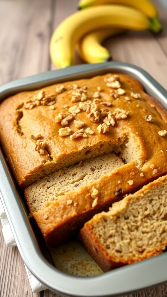 Sliced banana bread in a 13x9 pan, golden brown with walnuts, on a rustic wooden table.